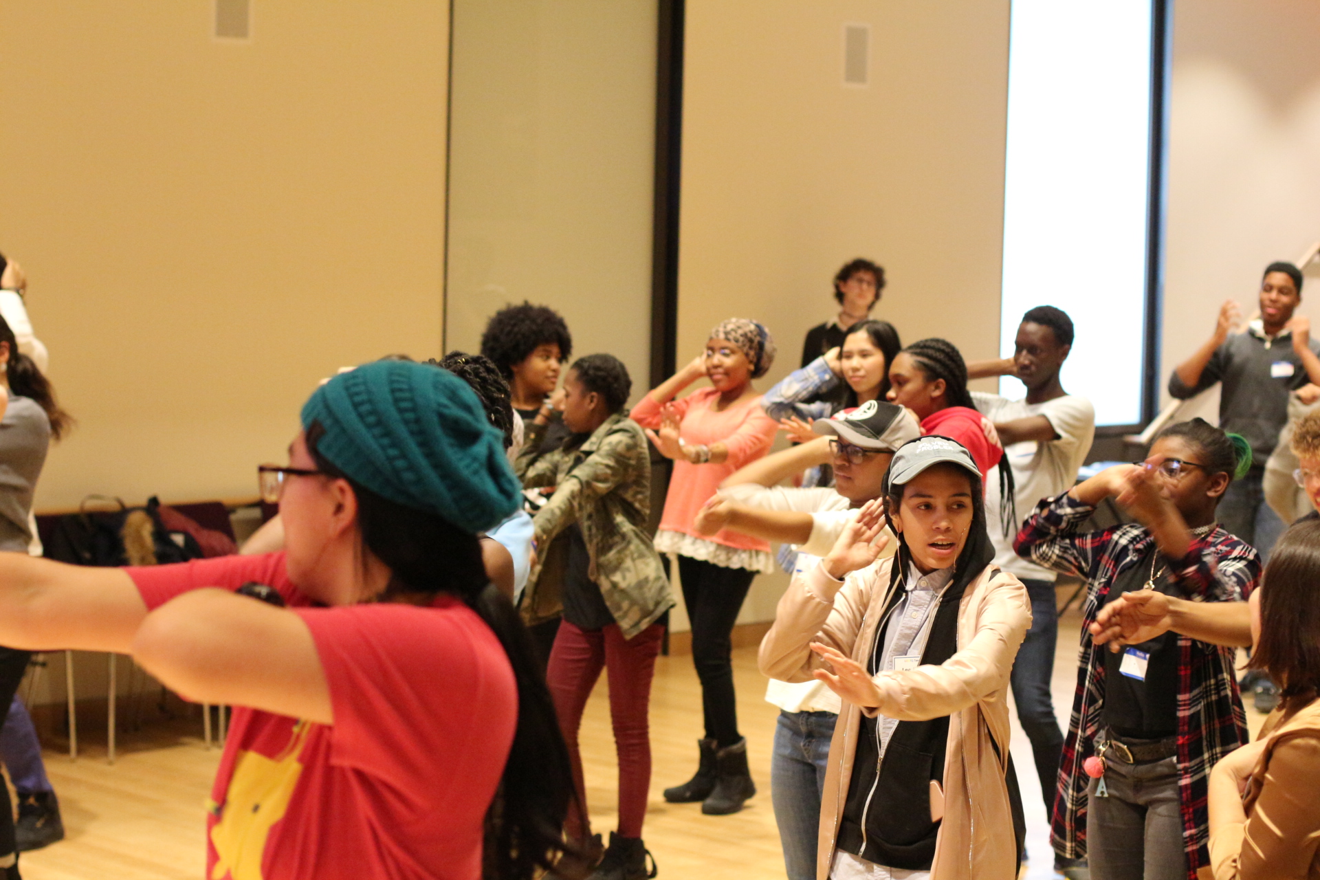 People following a dance instruction